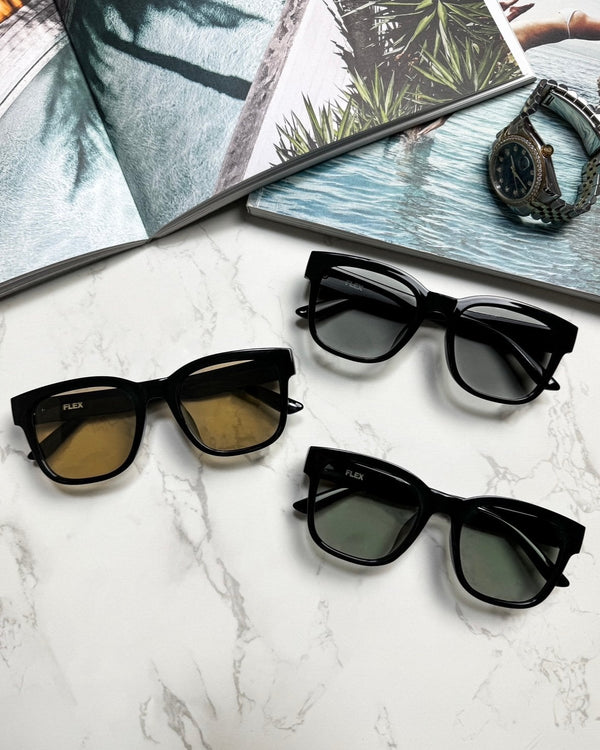 調光・偏光レンズ搭載 square wide sunglasses